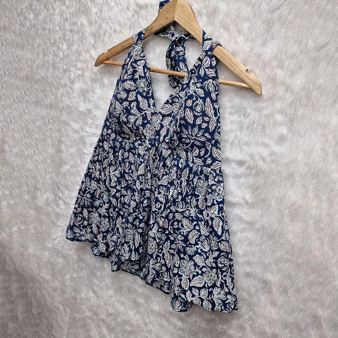 Navy Blue paisley Printed Cotton Halter Neck Removable Padded Top