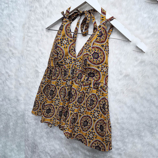 Musturd Multy Color Halter Neck Hakoba Work Cotton Top