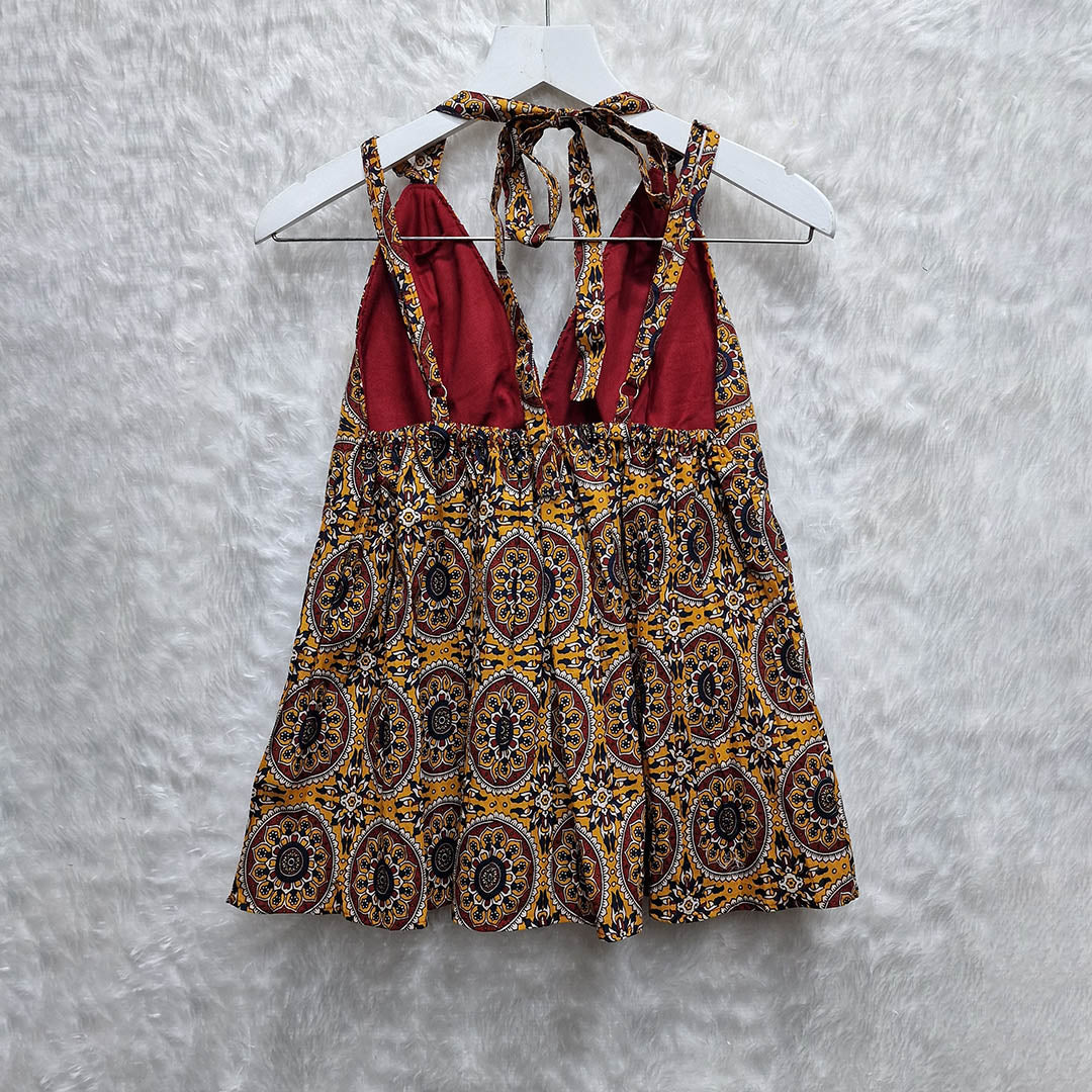 Musturd Multy Color Halter Neck Hakoba Work Cotton Top