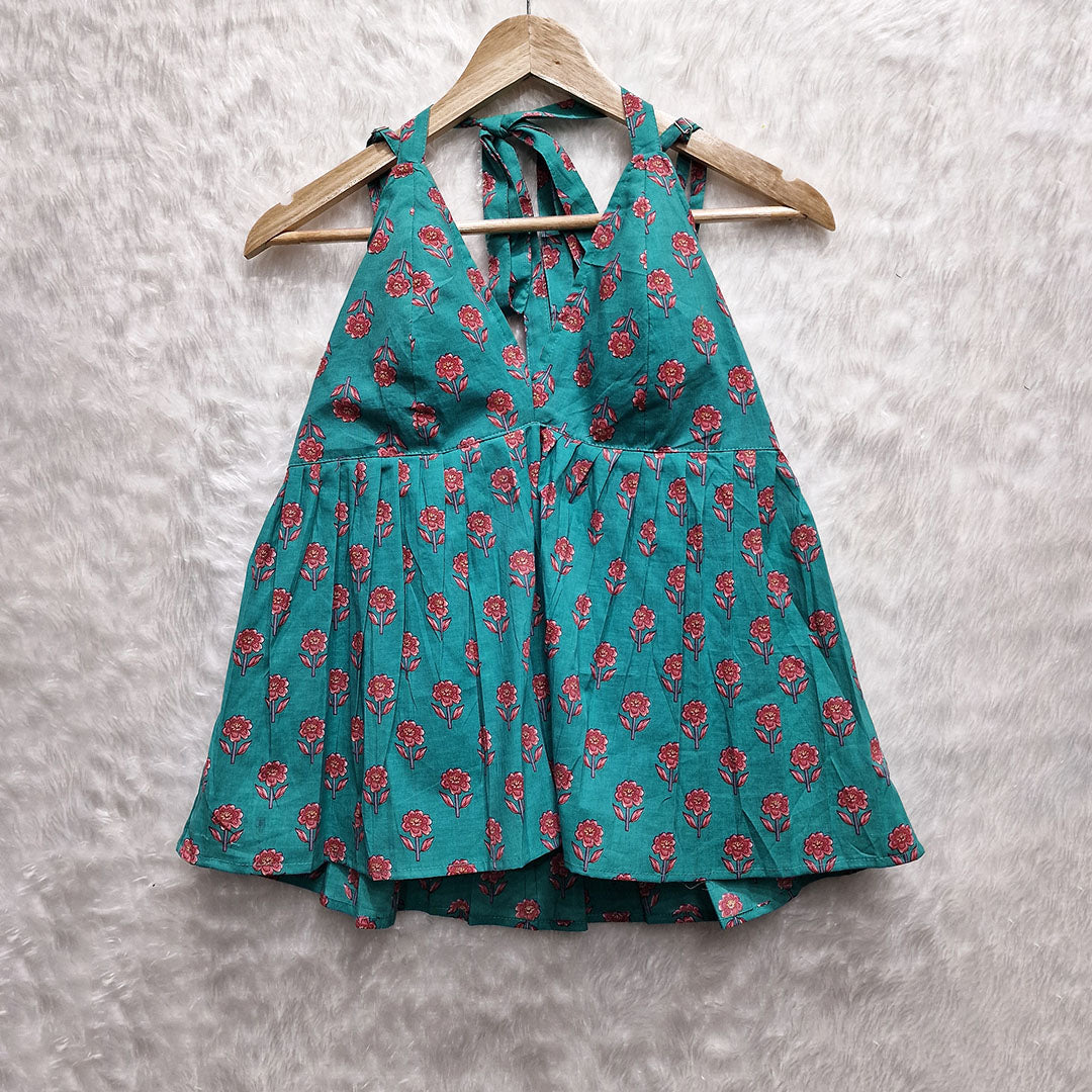 Blue Flower Printed Cotton Halter Neck Removable Padded Top