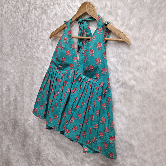 Blue Flower Printed Cotton Halter Neck Removable Padded Top
