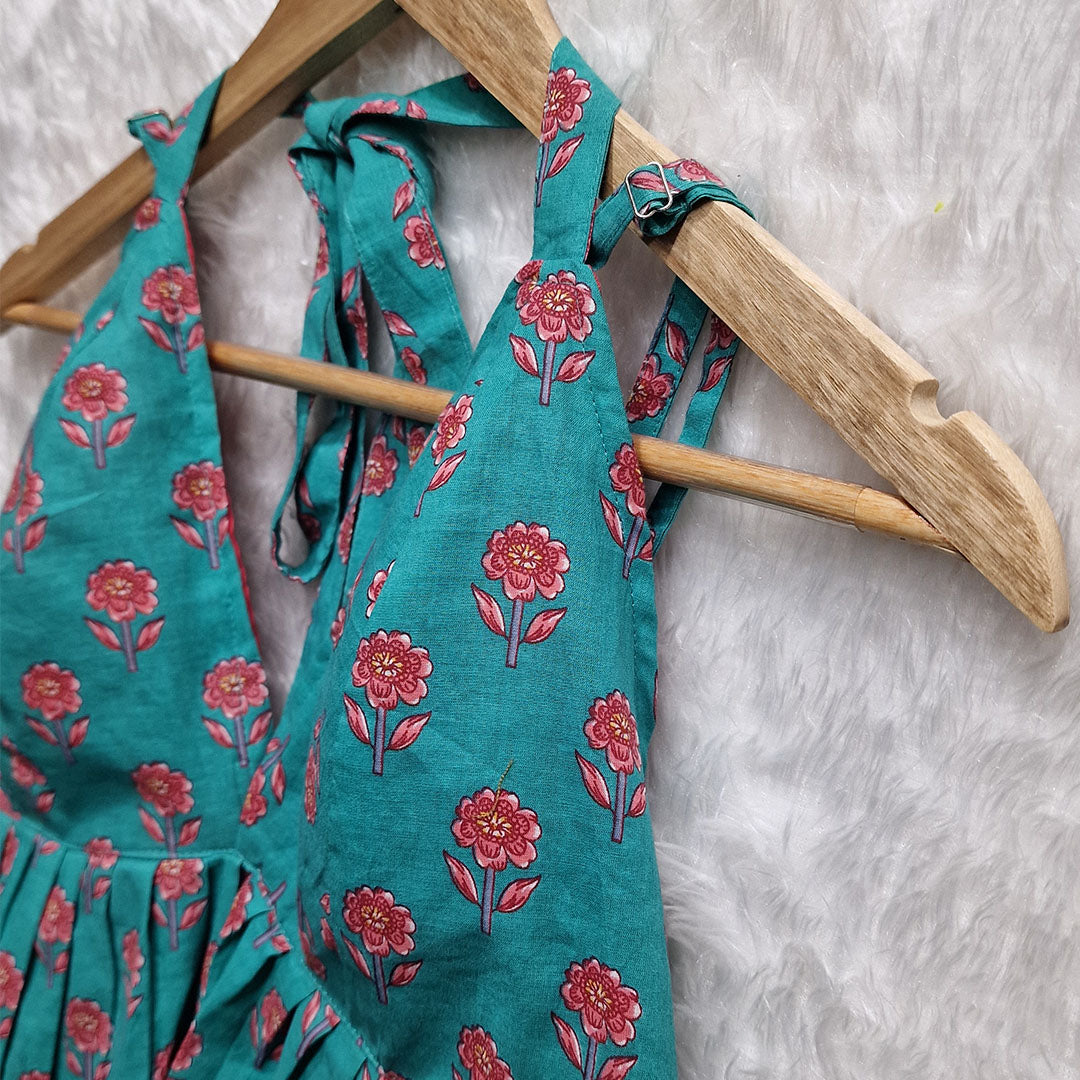 Blue Flower Printed Cotton Halter Neck Removable Padded Top