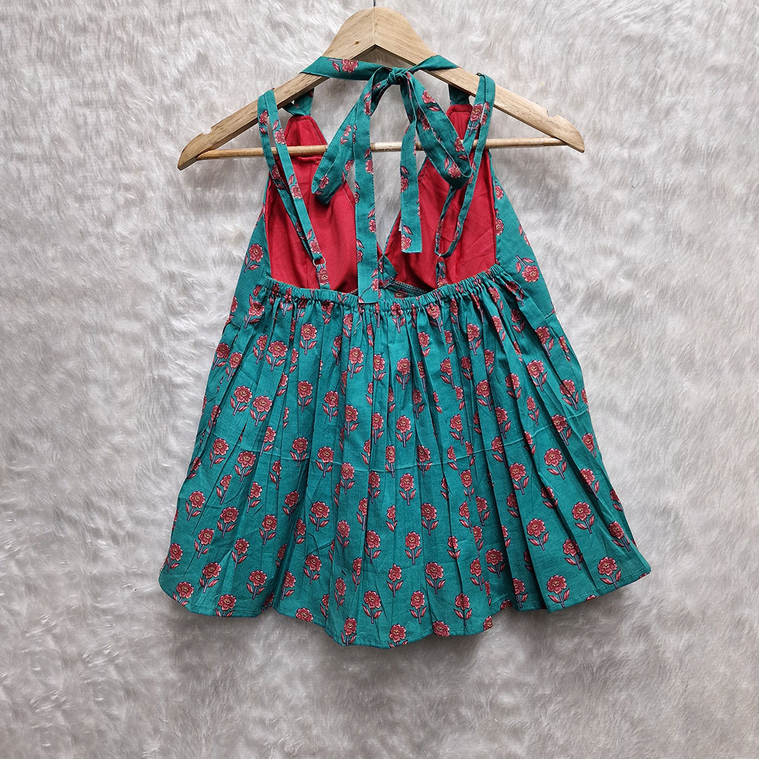 Blue Flower Printed Cotton Halter Neck Removable Padded Top
