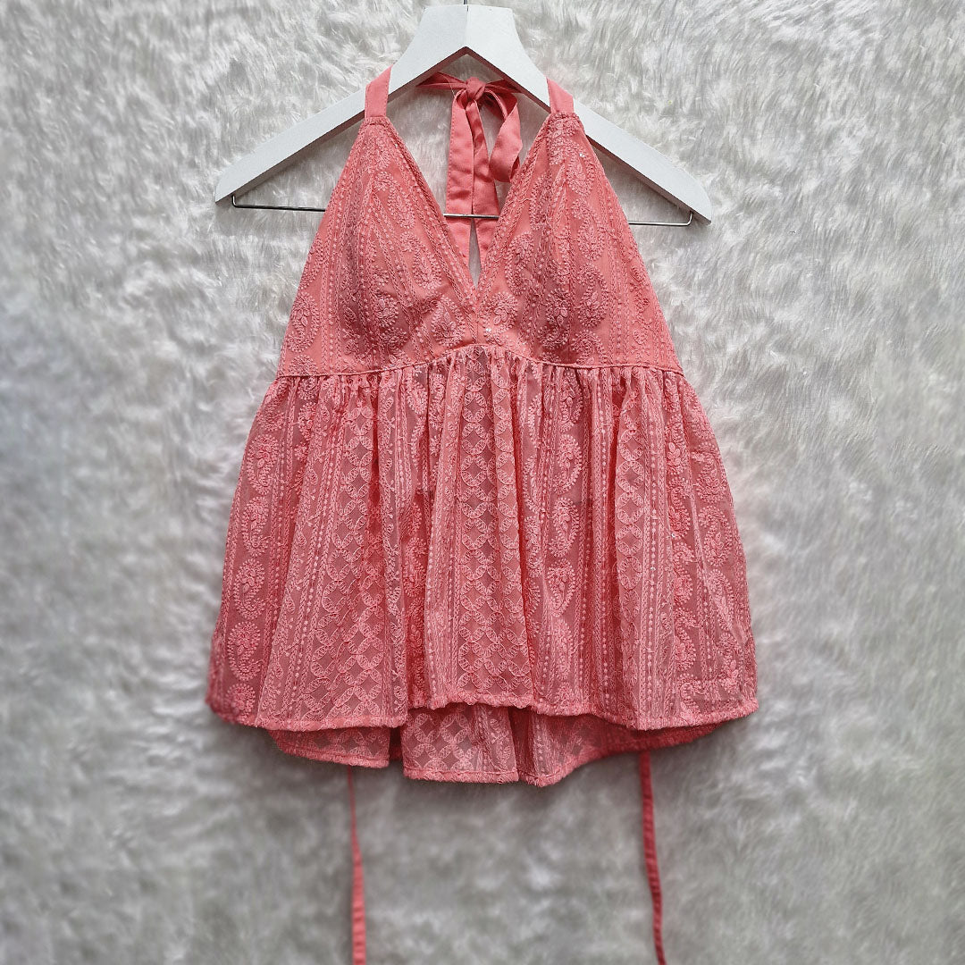 Peach Chikankari Chiffon Halter Neck Removable Padded Top