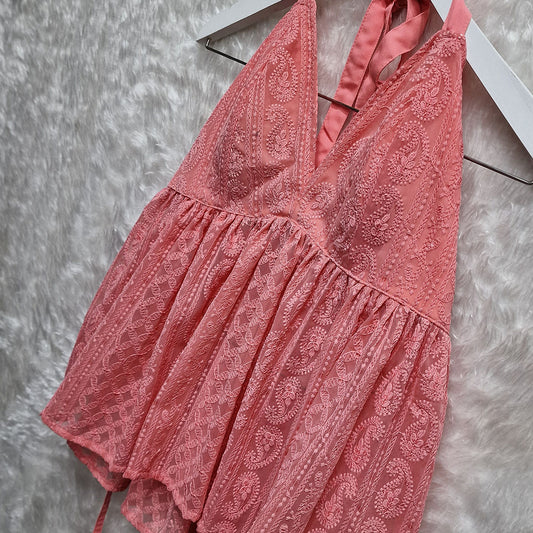 Peach Chikankari Chiffon Halter Neck Removable Padded Top
