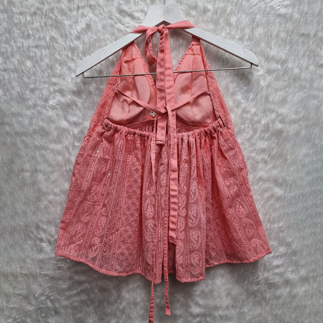 Peach Chikankari Chiffon Halter Neck Removable Padded Top