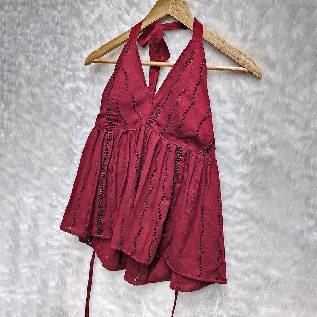 Maroon Halter Neck Hakoba Work Cotton Removable Padded Top