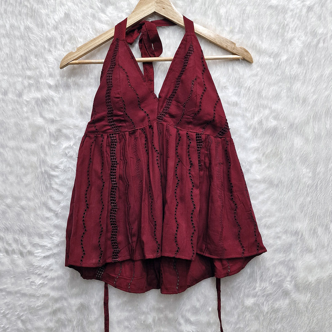 Maroon Halter Neck Hakoba Work Cotton Removable Padded Top
