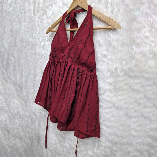 Maroon Halter Neck Hakoba Work Cotton Removable Padded Top