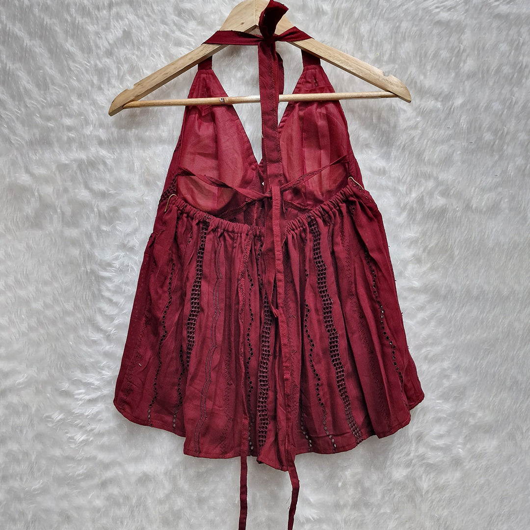 Maroon Halter Neck Hakoba Work Cotton Removable Padded Top