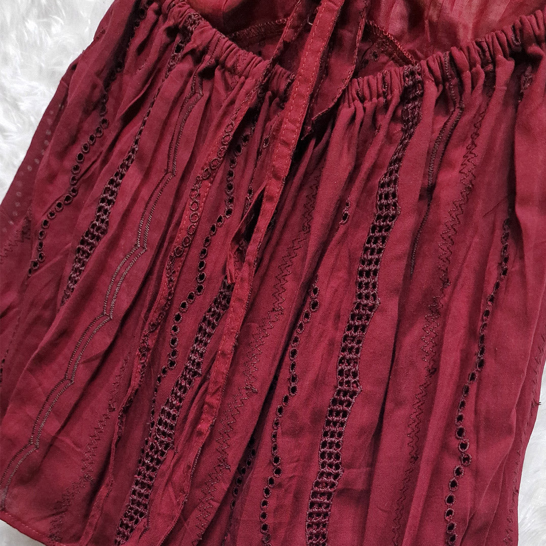 Maroon Halter Neck Hakoba Work Cotton Removable Padded Top