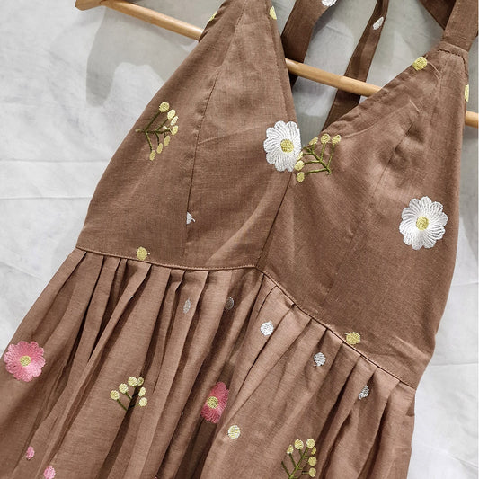 Earthy Bloom – Brown Halter Neck Cotton Top with Floral Embroidery