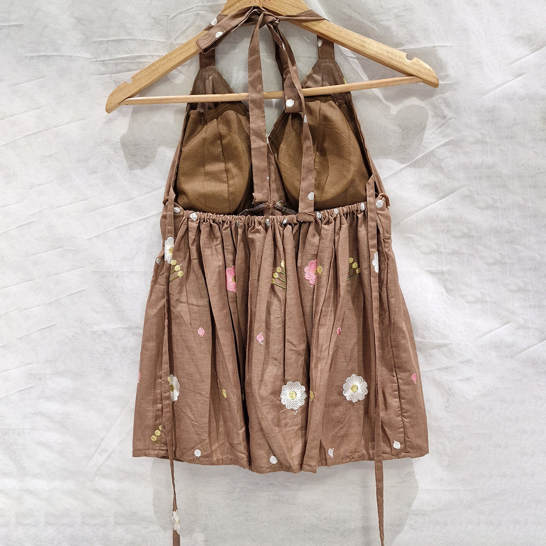 Earthy Bloom – Brown Halter Neck Cotton Top with Floral Embroidery