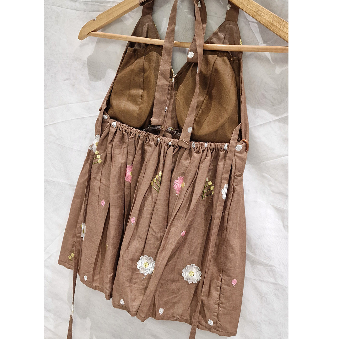 Earthy Bloom – Brown Halter Neck Cotton Top with Floral Embroidery