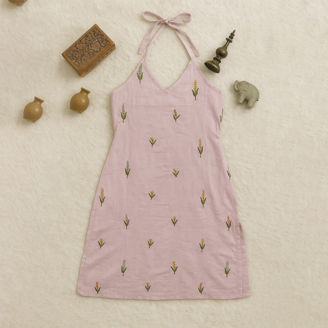 Blush Pink Cotton Sleeveless Kurti with Floral Embroidery