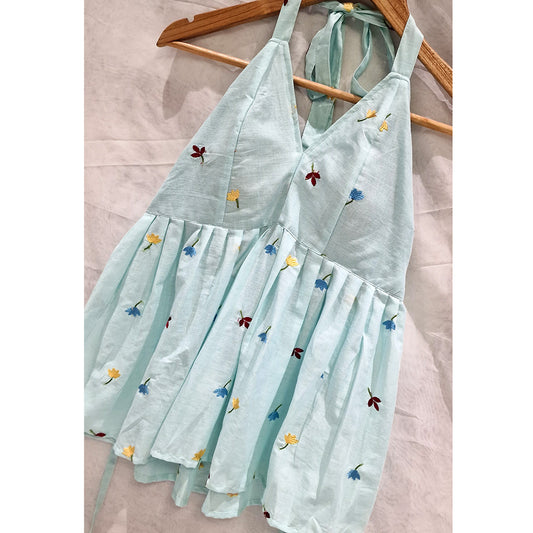 Pastel Breeze – Light Blue Halter Cotton Top with Multicolor Floral Embroidery