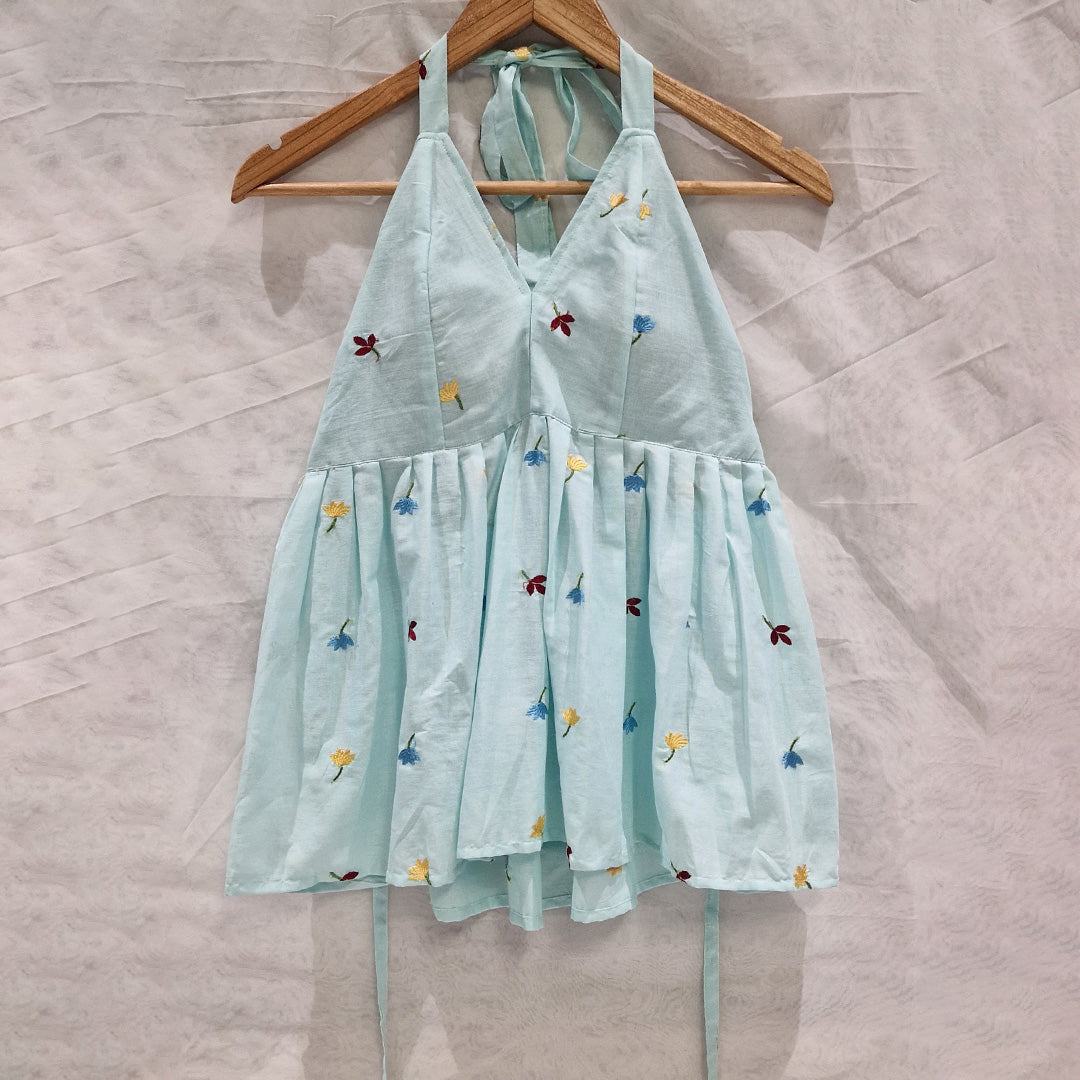 Pastel Breeze – Light Blue Halter Cotton Top with Multicolor Floral Embroidery