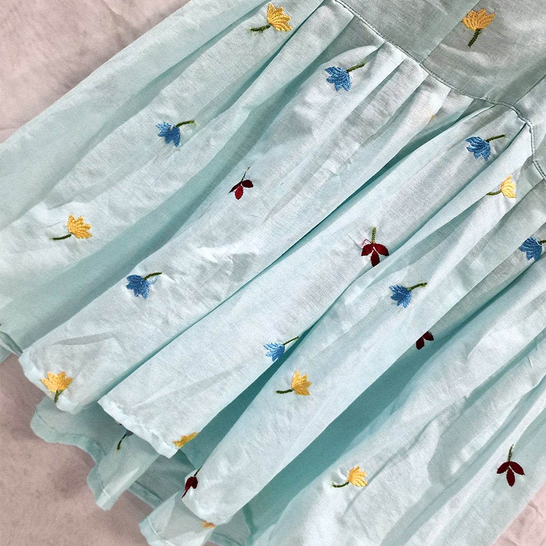 Pastel Breeze – Light Blue Halter Cotton Top with Multicolor Floral Embroidery