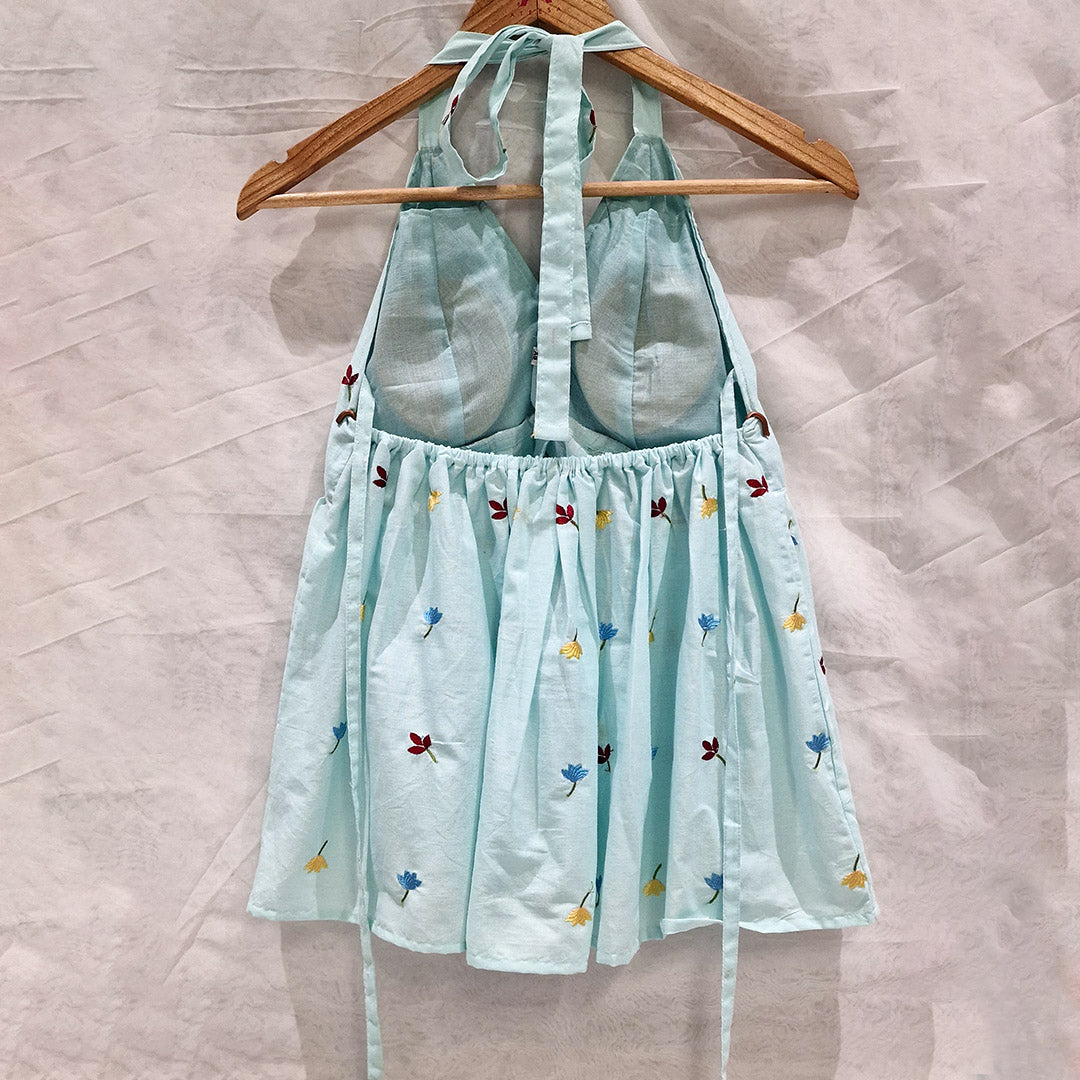 Pastel Breeze – Light Blue Halter Cotton Top with Multicolor Floral Embroidery