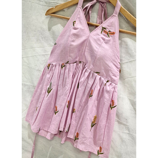 Blush Bloom – Light Pink Padded Halter Top with Floral Embroidery