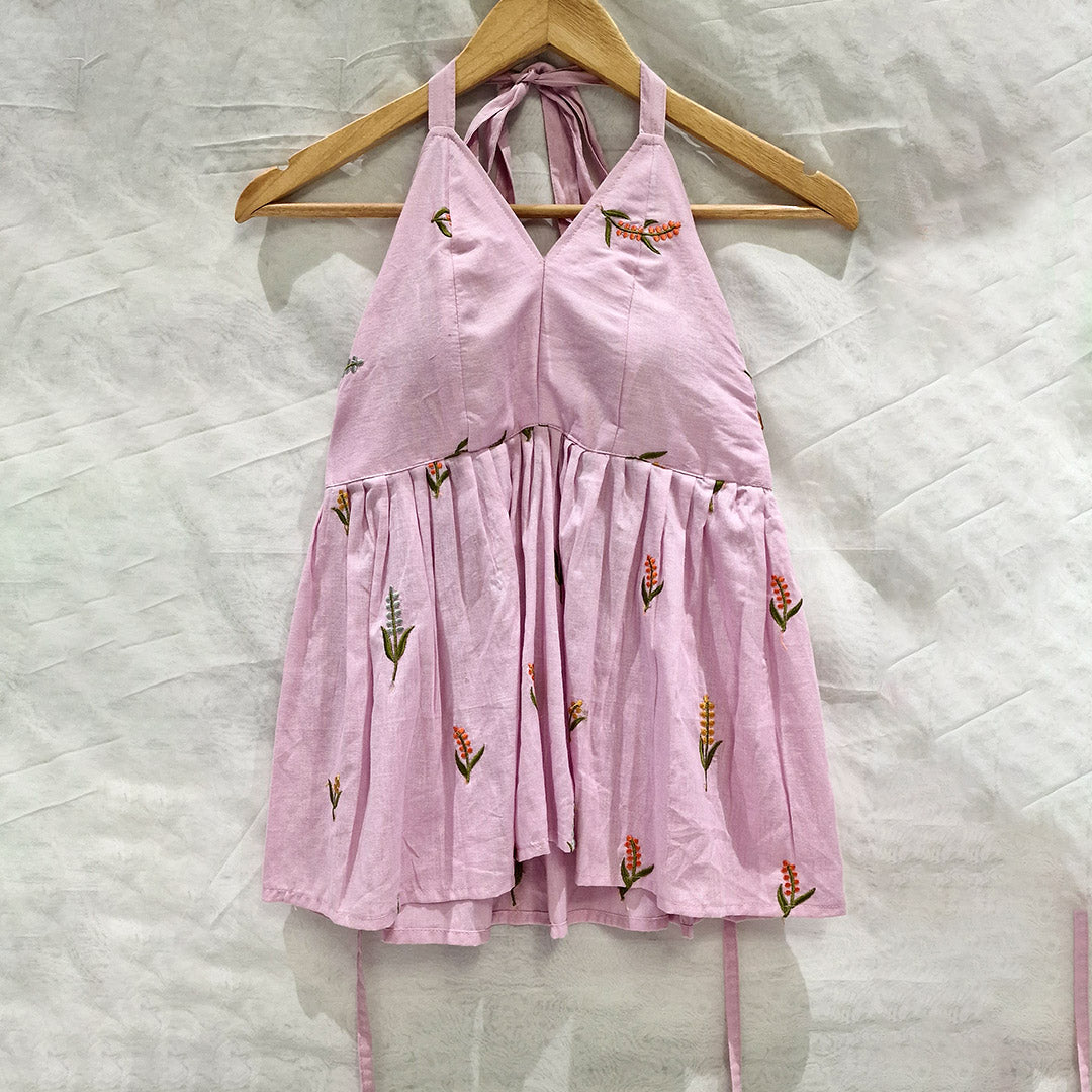 Blush Bloom – Light Pink Padded Halter Top with Floral Embroidery