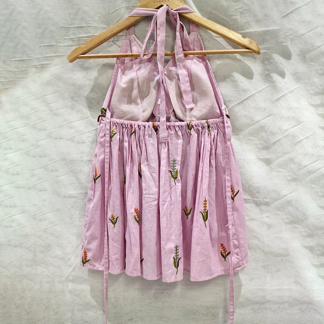 Blush Bloom – Light Pink Padded Halter Top with Floral Embroidery