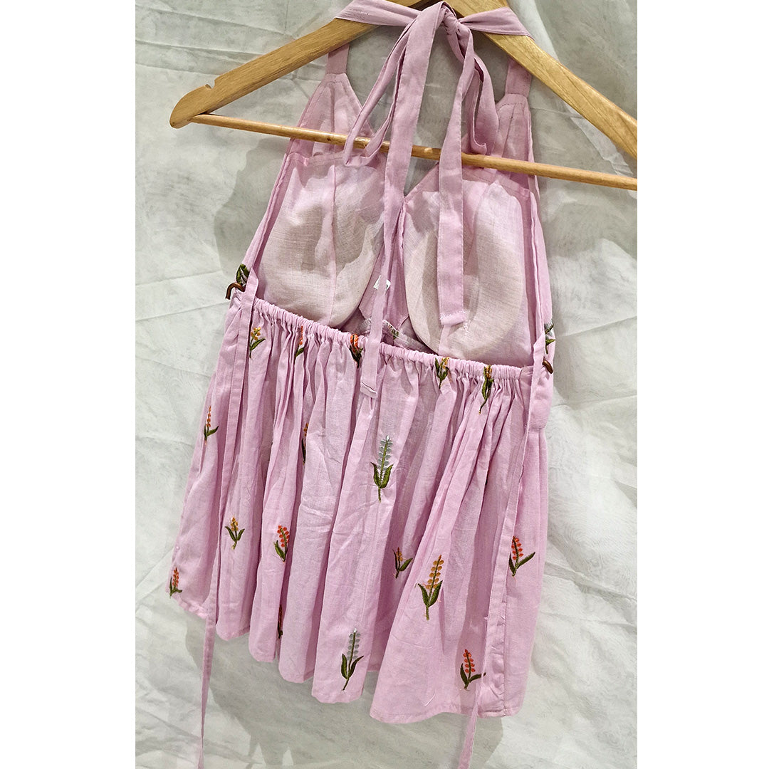 Blush Bloom – Light Pink Padded Halter Top with Floral Embroidery