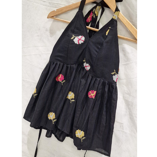 Blossom in Black – Embroidered Padded Top with Halter Tie-Up