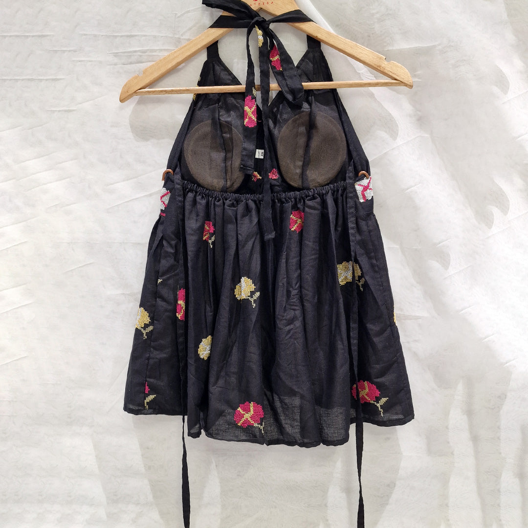 Blossom in Black – Embroidered Padded Top with Halter Tie-Up