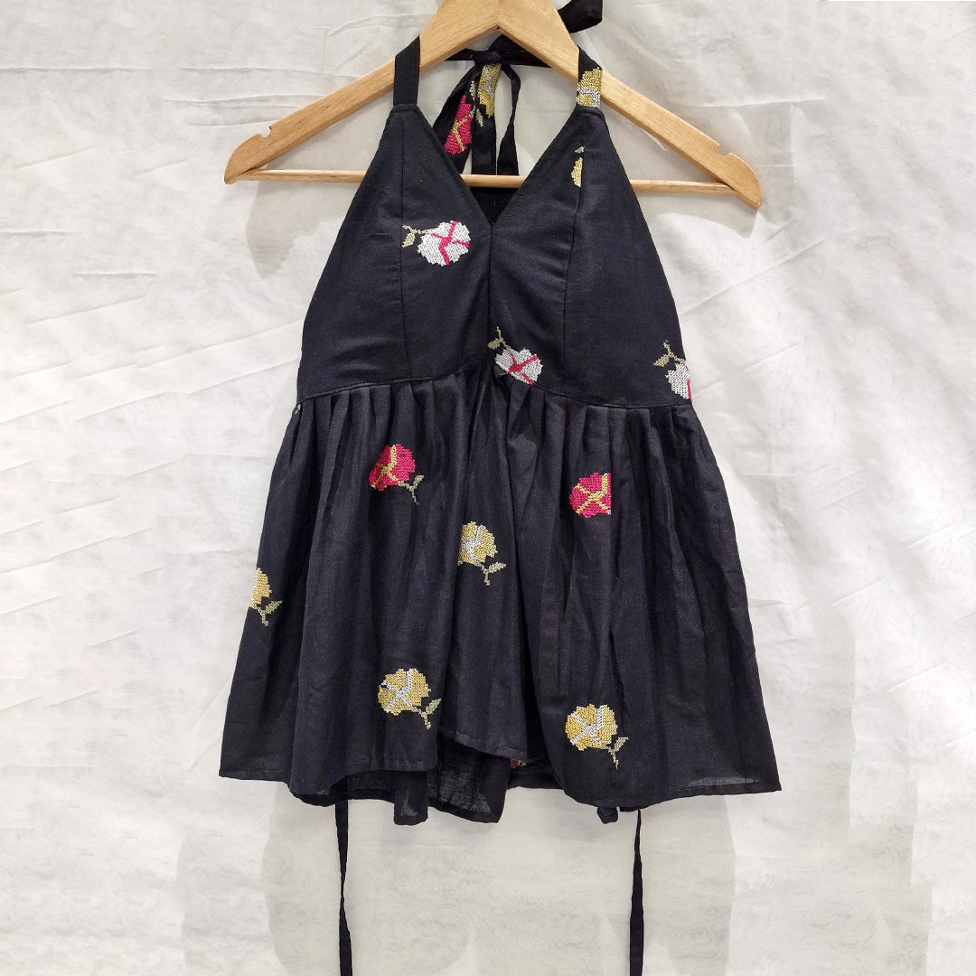 Blossom in Black – Embroidered Padded Top with Halter Tie-Up
