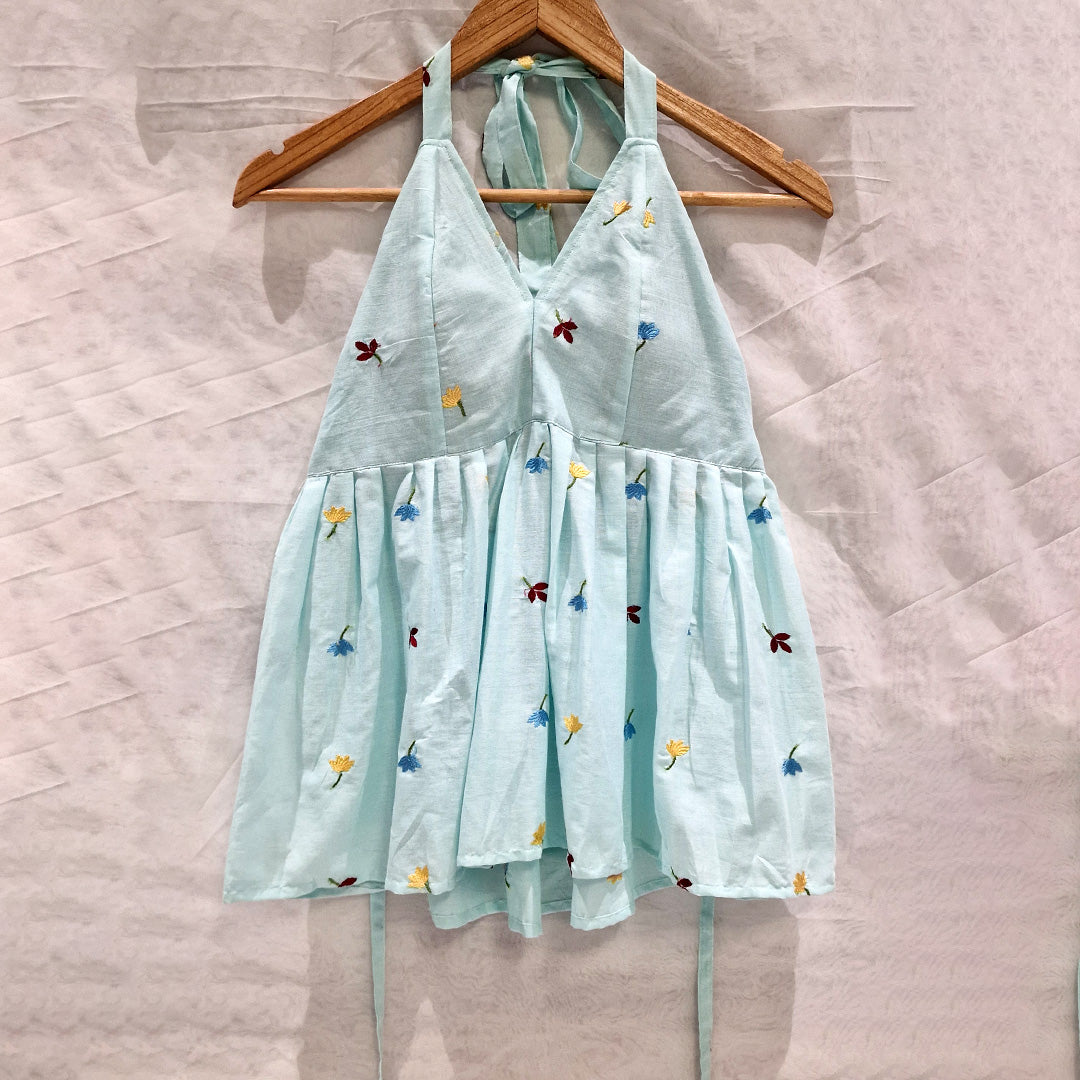 Pastel Breeze – Light Blue Halter Cotton Top with Multicolor Floral Embroidery