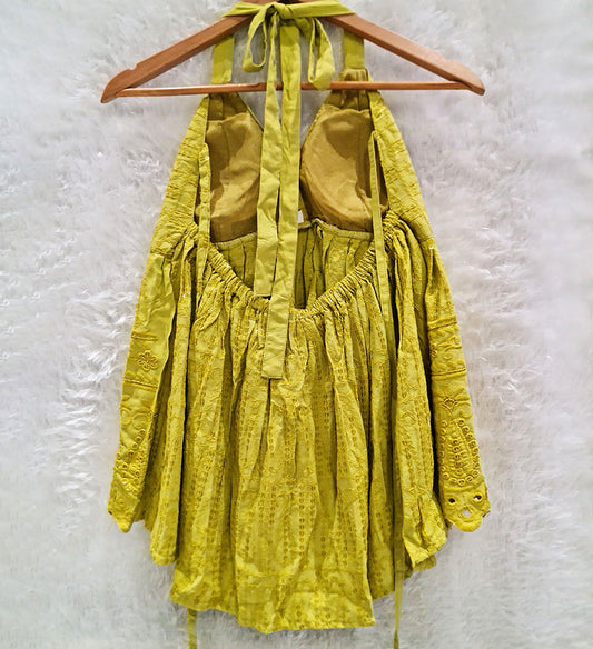 Light Lime Green Chikan Halter Neck Cotton Removable Padded Top