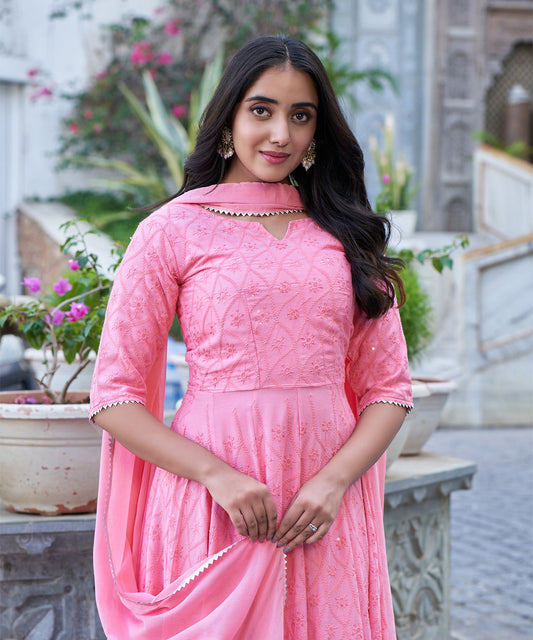 Tea rose Chikankari gown featuring intricate embroidery work