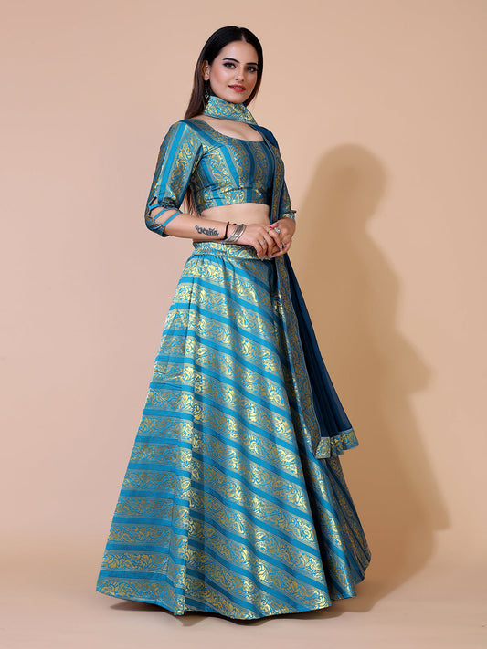 Stunning teal lehenga with a ready-to-wear blouse and matching dupatta, perfect for a festive occasion.