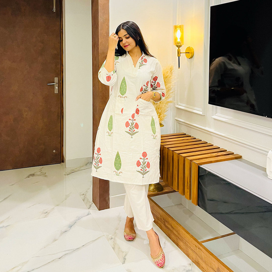 Linen Straight Floral Printed Kurta And Plazzo Set