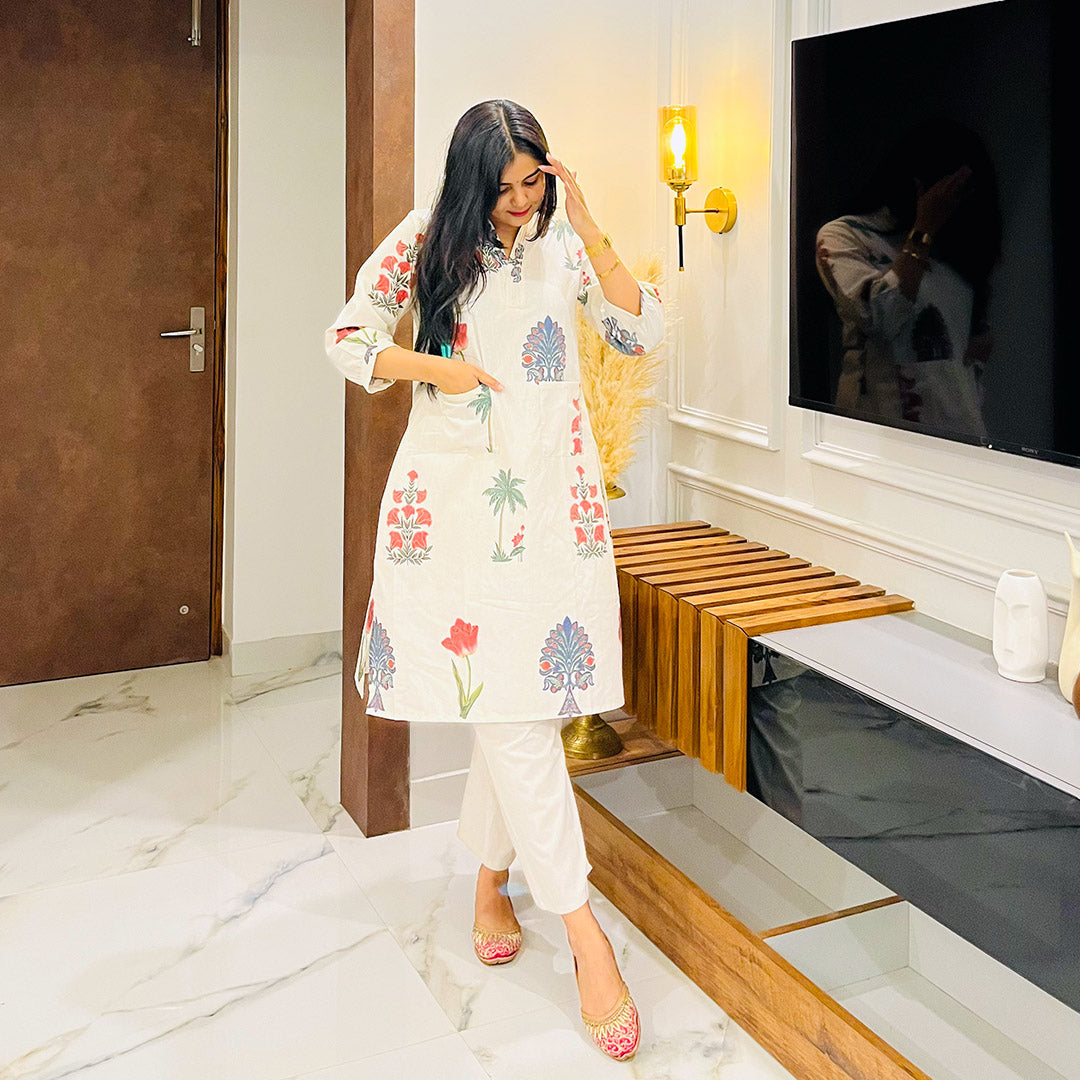 A-Line Linen Floral Printed Kurta And Palazzo Set