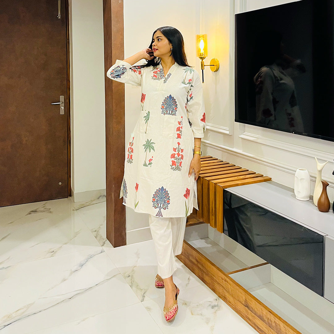 A-Line Linen Floral Printed Kurta And Palazzo Set