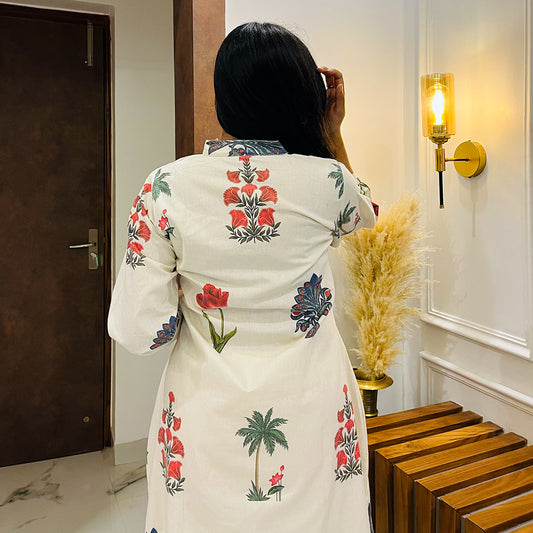 A-Line Linen Floral Printed Kurta And Palazzo Set