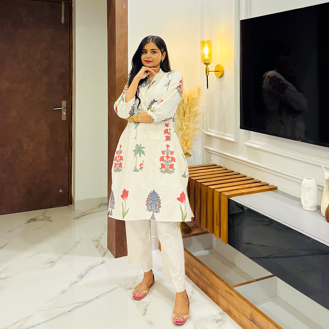 A-Line Linen Floral Printed Kurta And Palazzo Set