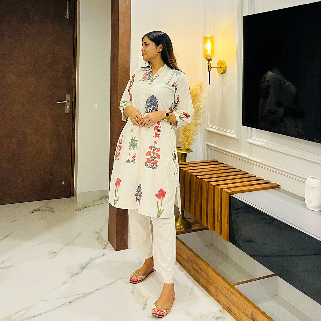 A-Line Linen Floral Printed Kurta And Palazzo Set