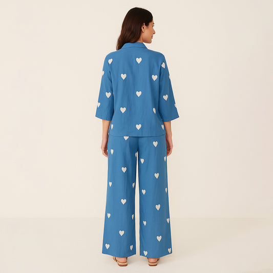 Blue Viscose Heart Embroidered Co-Ord Set