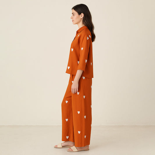Coral Viscose Heart Embroidered Co-Ord Set
