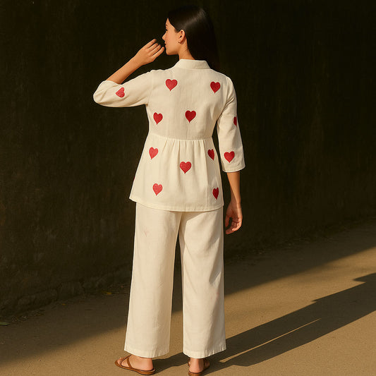 Ivory Linen Heart Embroidered Co-Ord Set