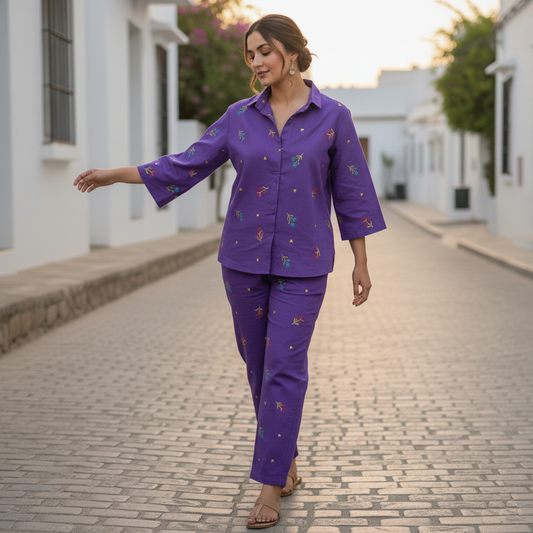 Purple Cotton Embroidered Co-Ord Set