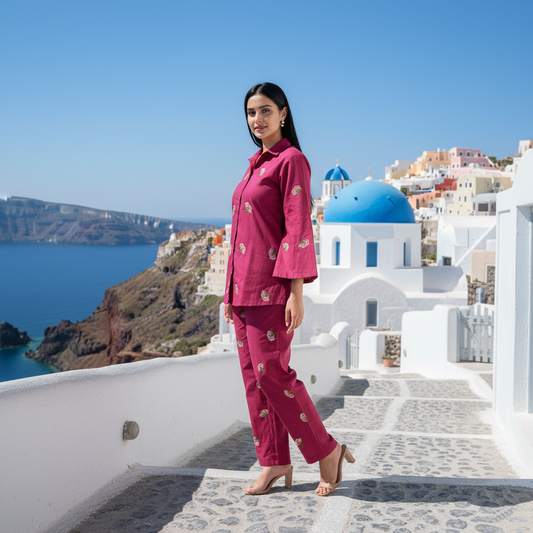 Maroon Cotton Embroidered Co-Ord Set