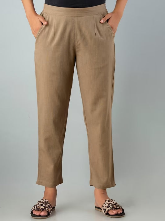 Coffee Brown Relaxed High-Rise Easy Wash Pleated Pure Cotton Regular Pant