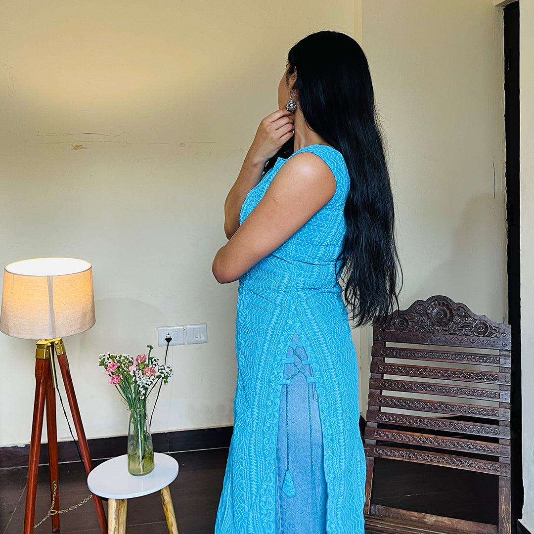 Turquoise Side Tassel Long Chikankari Kurti