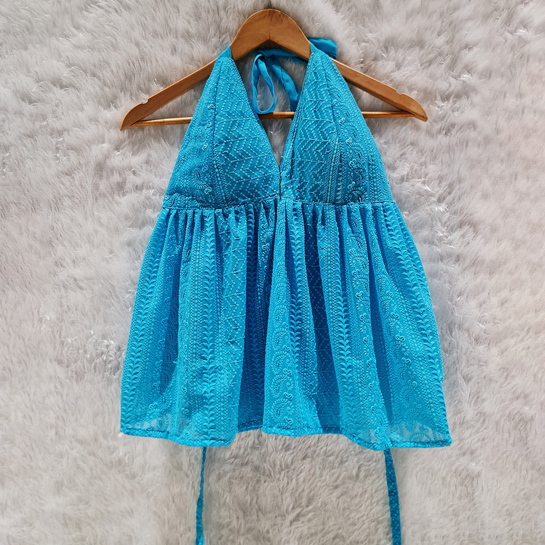 Turquoise Chikankari Chiffon Halter Neck Top