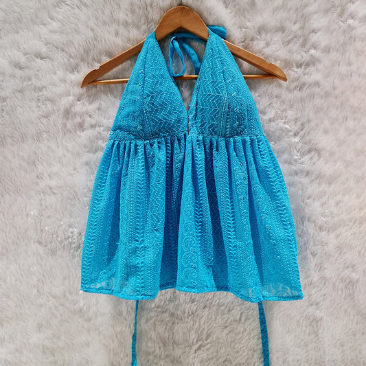 Turquoise Chikankari Chiffon Halter Neck Top