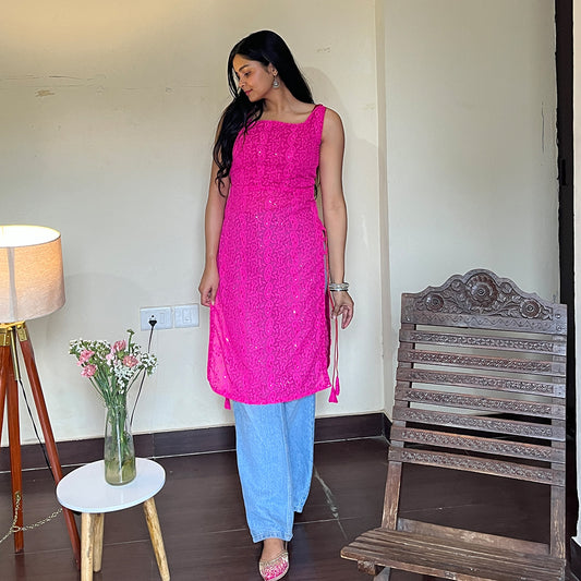 Magenta Side Tassel Long Chikankari Kurti